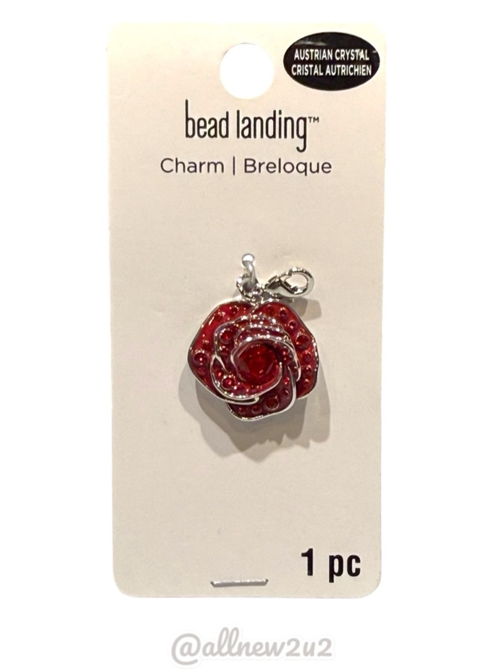 Bead Landing Red Rose Charm Pendant with Austrian Crystal Accent